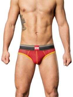 - "Backless Briefs Bond Street - Red/Yellow/Black" 